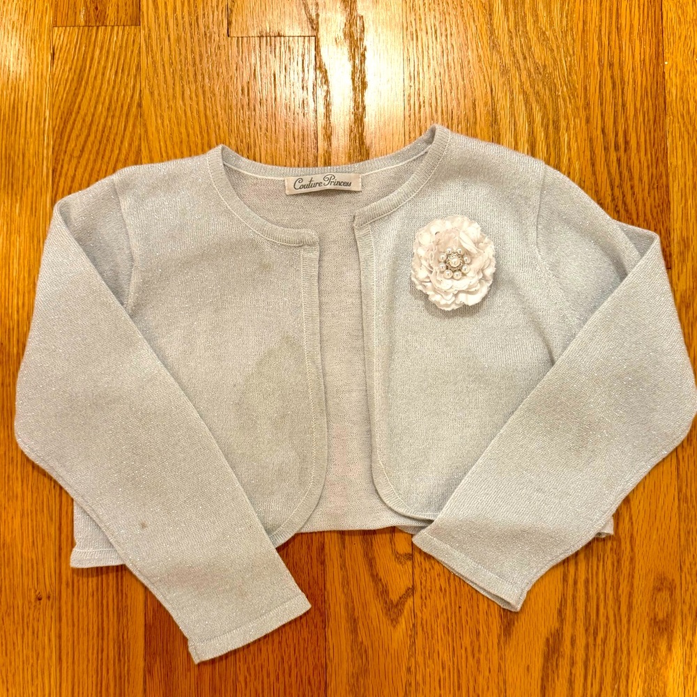 Silver Shrug Cardigan with Flower Accent for kids size 5